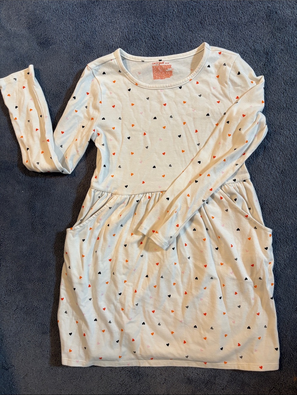 NWOT Cat & Jack Cream Long-Sleeve Heart Print Dress with Black and Orange Hearts